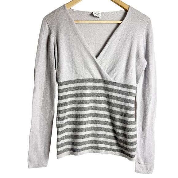 Armani Collezioni Cashmere Gray Striped Long Sleeve Surplice V-Neck Sweater Sz 4 - Picture 1 of 9